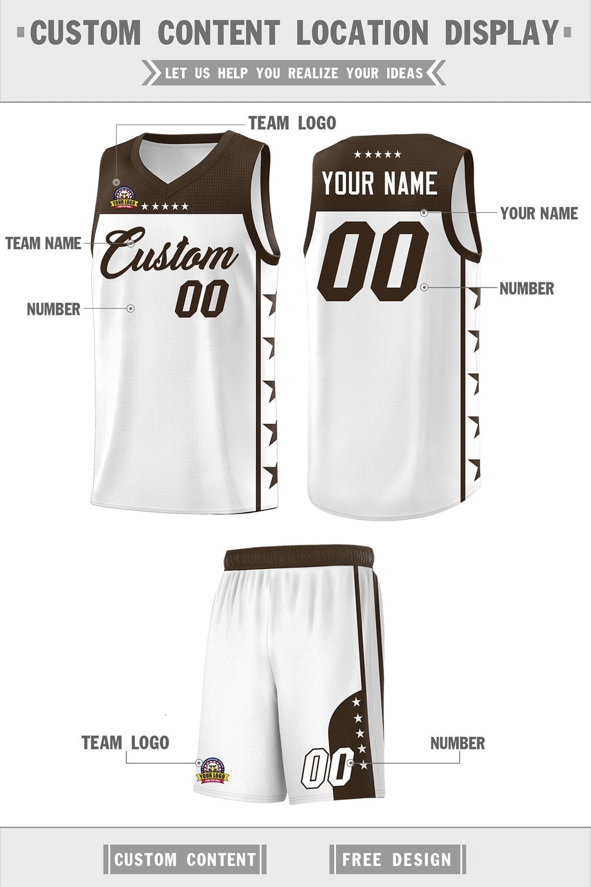 Custom White Brown Personalized Star Pattern Sports Uniform Basketball Jersey Limited