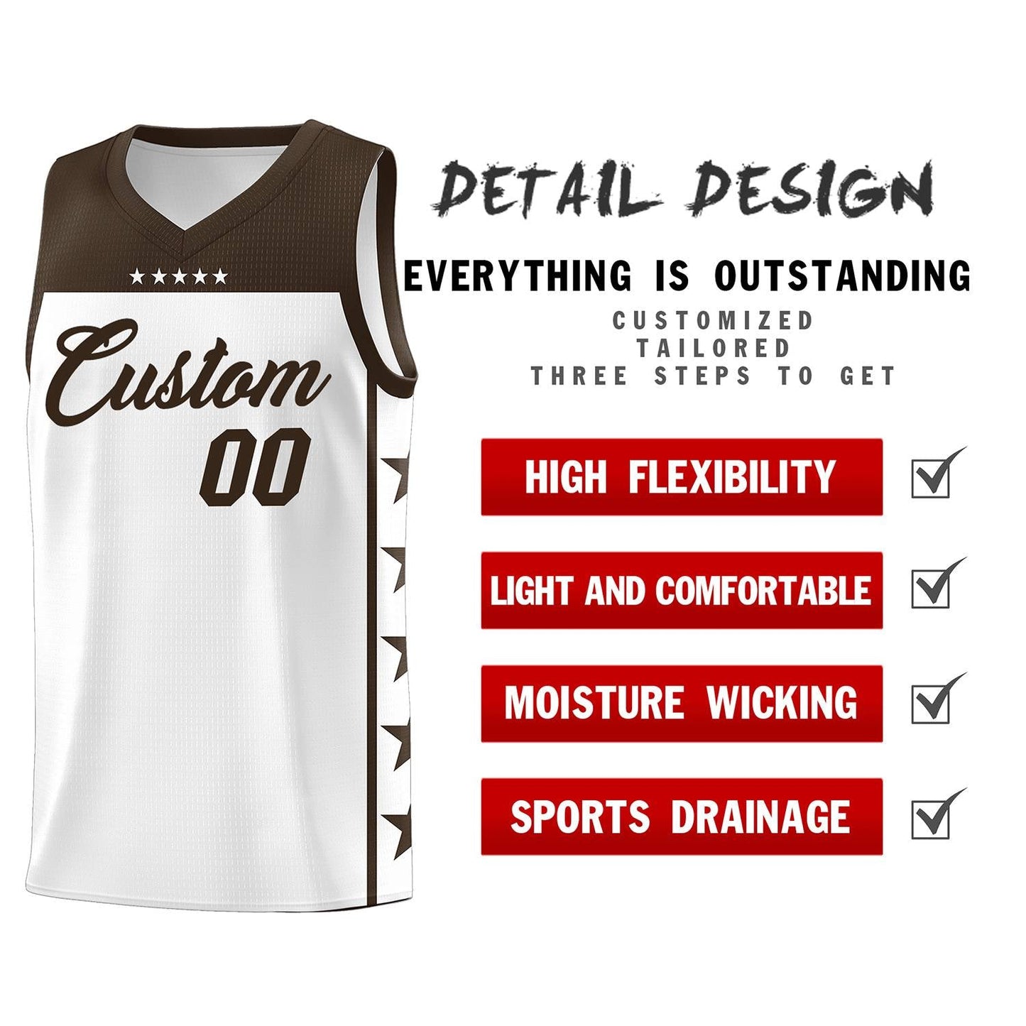 Custom White Brown Personalized Star Pattern Sports Uniform Basketball Jersey Limited