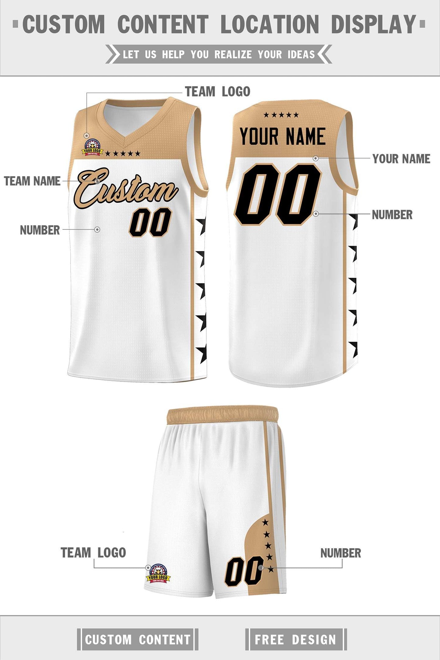 Custom White Old Gold Personalized Star Pattern Sports Uniform Basketball Jersey Limited