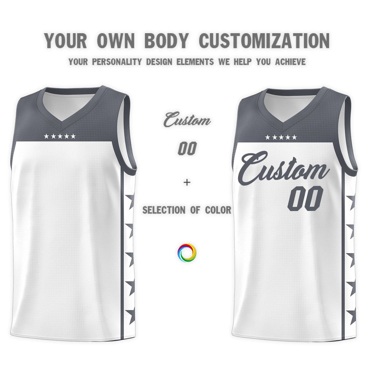 Custom White Dark Gray Personalized Star Pattern Sports Uniform Basketball Jersey Limited