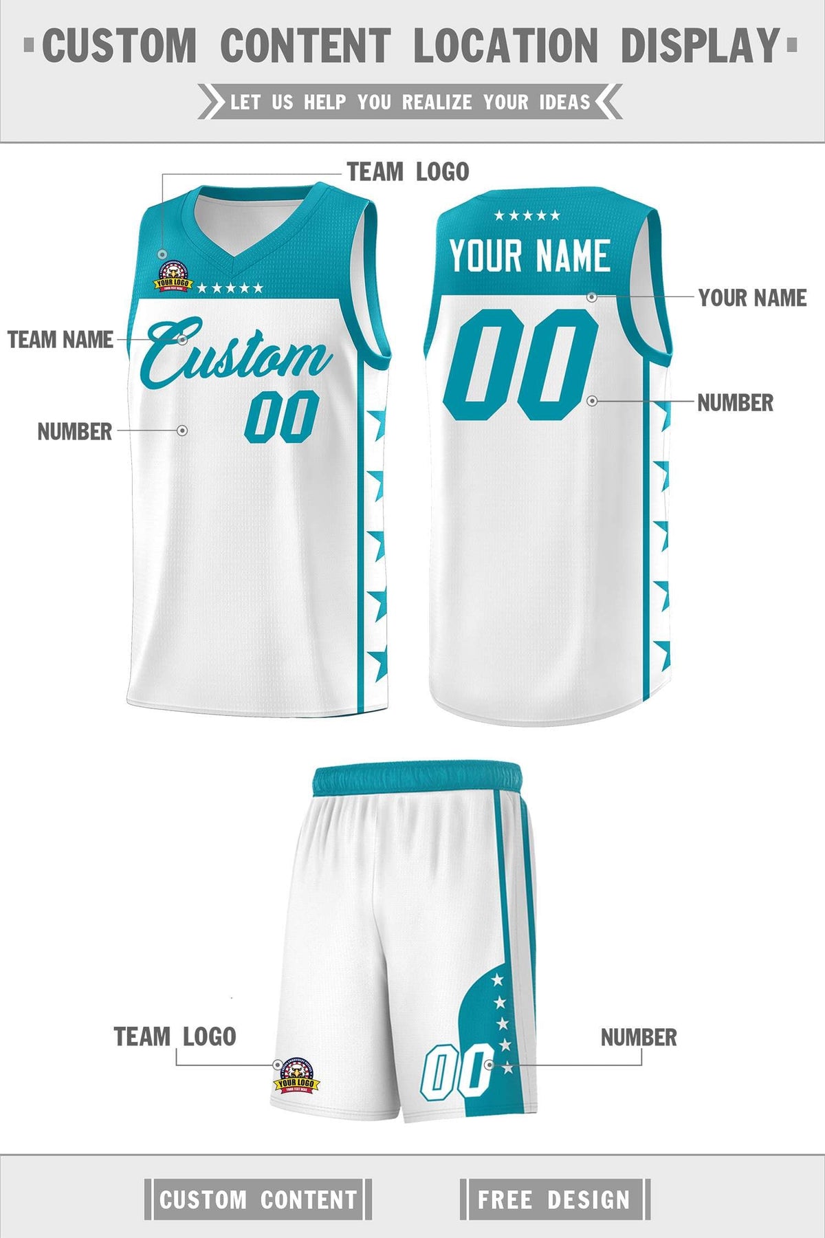 Custom White Aqua Personalized Star Pattern Sports Uniform Basketball Jersey Limited