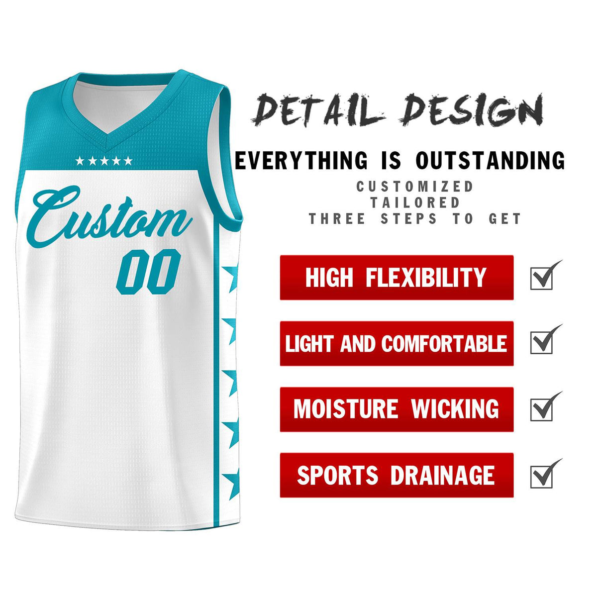 Custom White Aqua Personalized Star Pattern Sports Uniform Basketball Jersey Limited