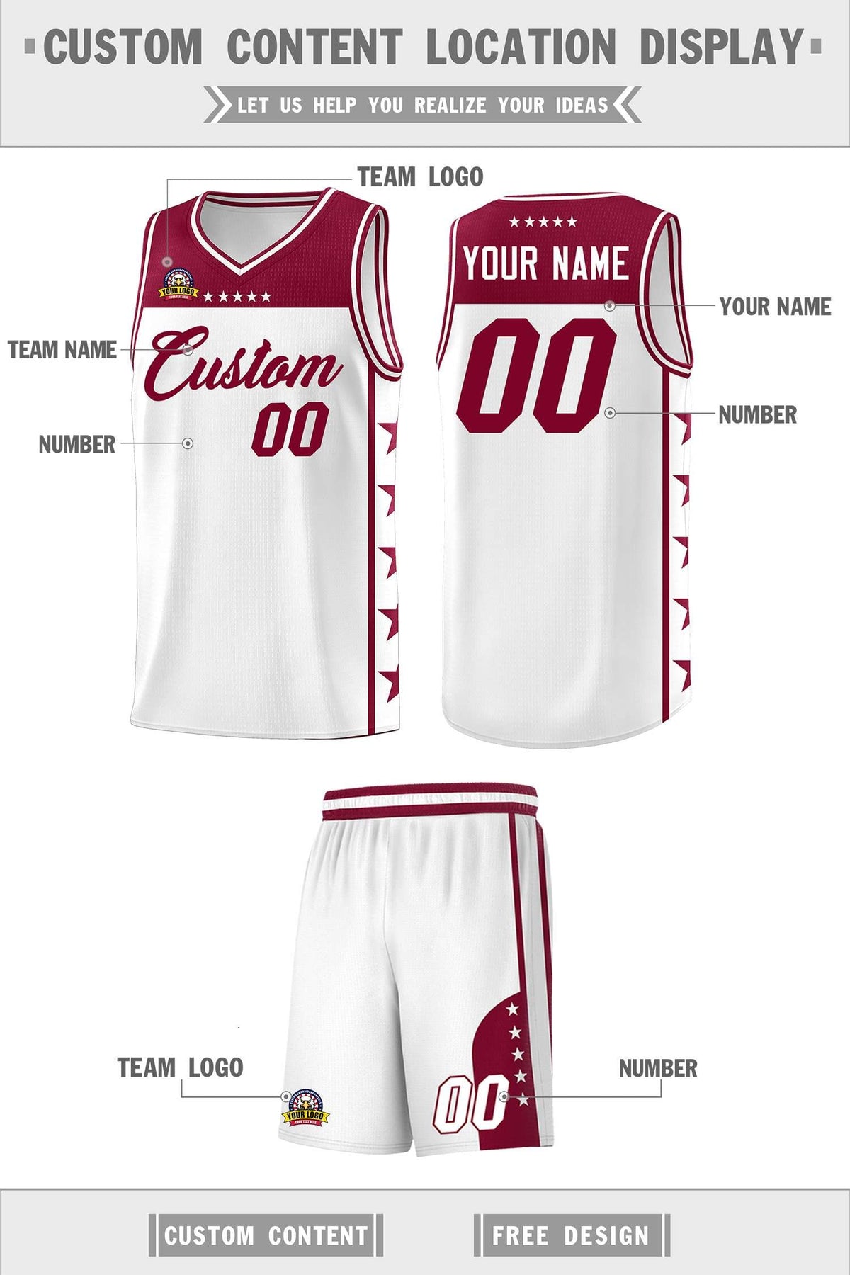 Custom White Crimson Personalized Star Pattern Sports Uniform Basketball Jersey Limited