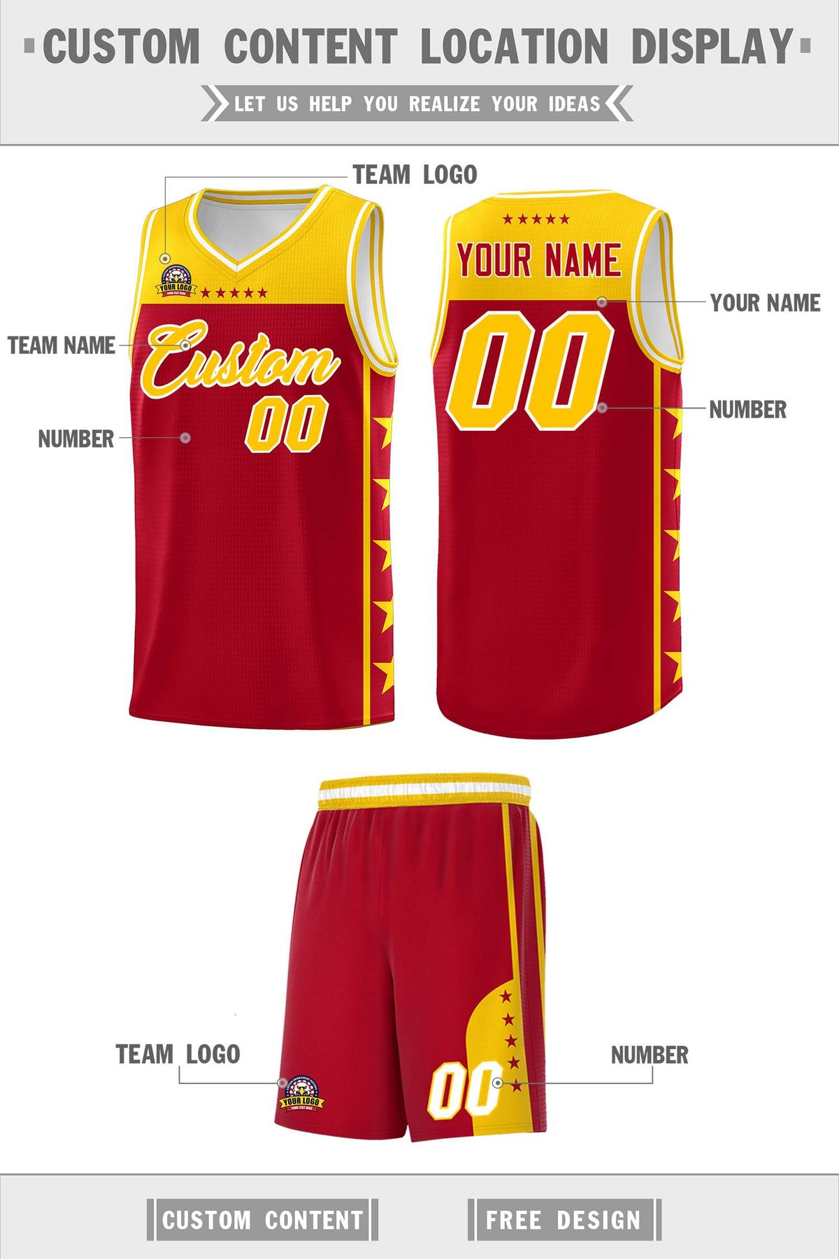 Custom Red Yellow Personalized Star Pattern Sports Uniform Basketball Jersey Limited