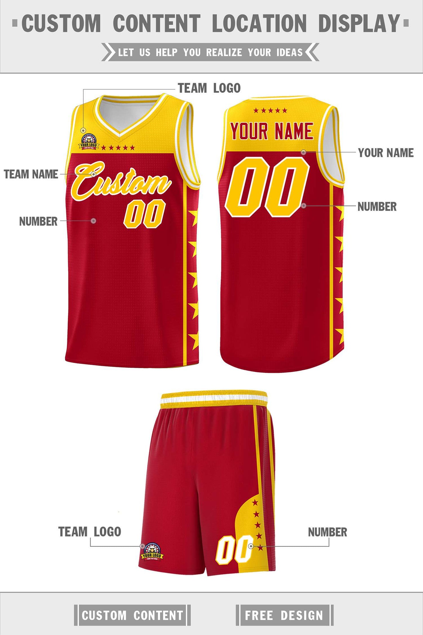 Custom Red Yellow Personalized Star Pattern Sports Uniform Basketball Jersey Limited