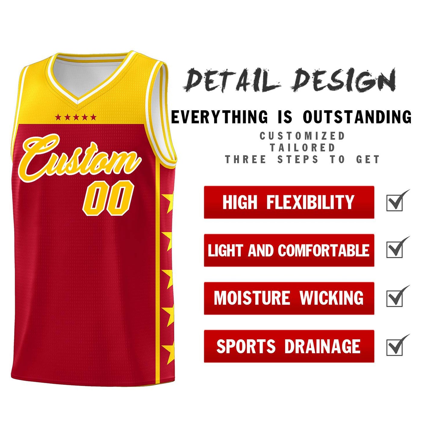 Custom Red Yellow Personalized Star Pattern Sports Uniform Basketball Jersey Limited