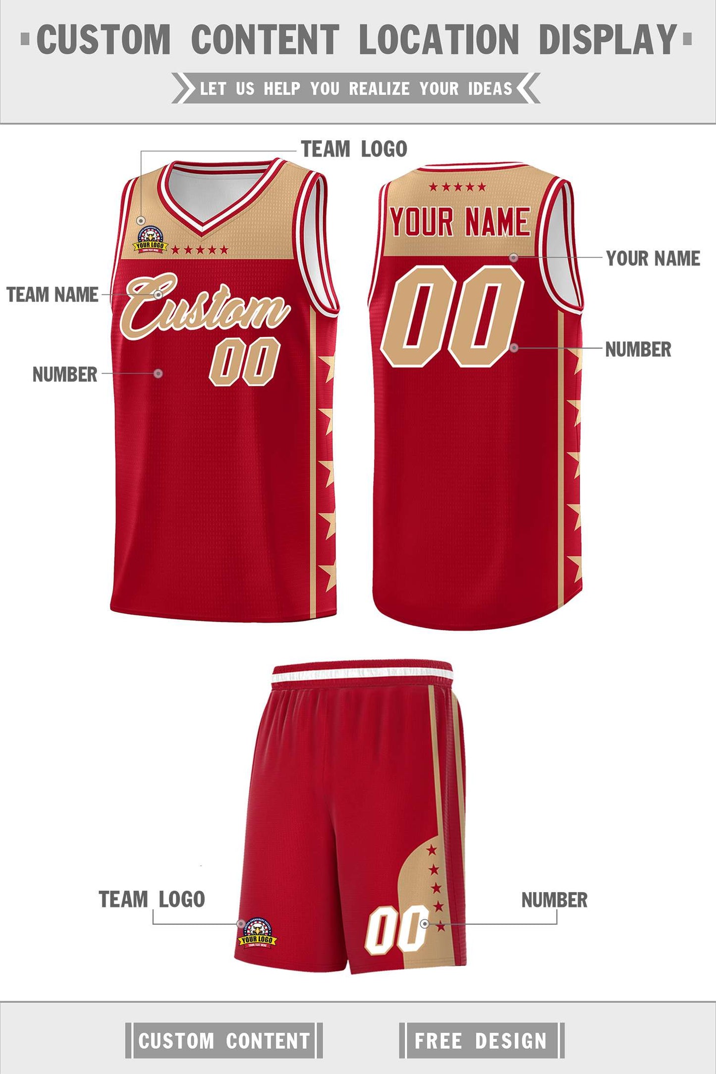 Custom Red Old Gold Personalized Star Pattern Sports Uniform Basketball Jersey Limited