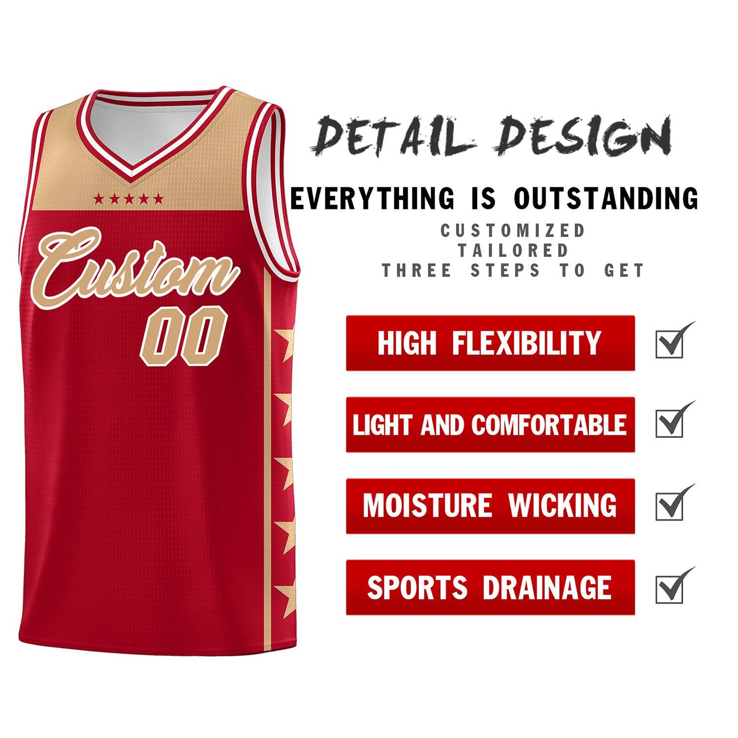 Custom Red Old Gold Personalized Star Pattern Sports Uniform Basketball Jersey Limited