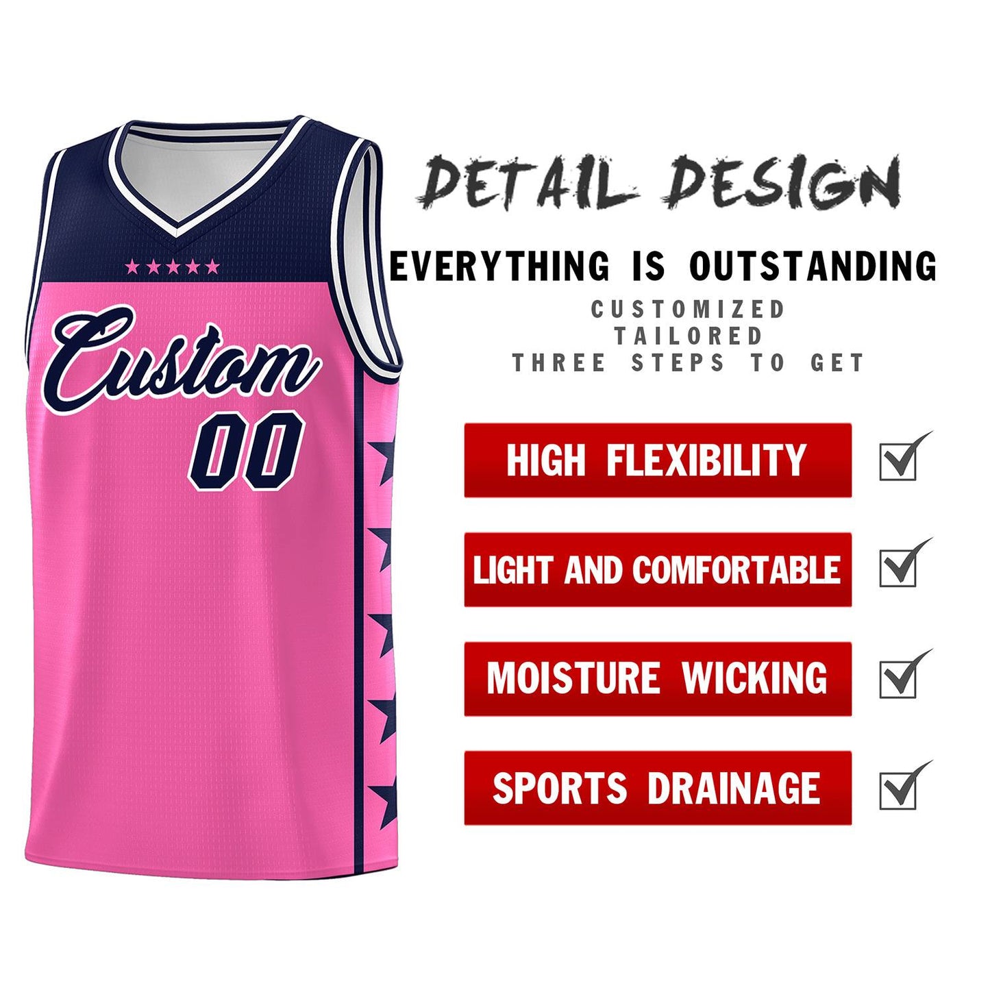 Custom Pink Navy Personalized Star Pattern Sports Uniform Basketball Jersey Limited