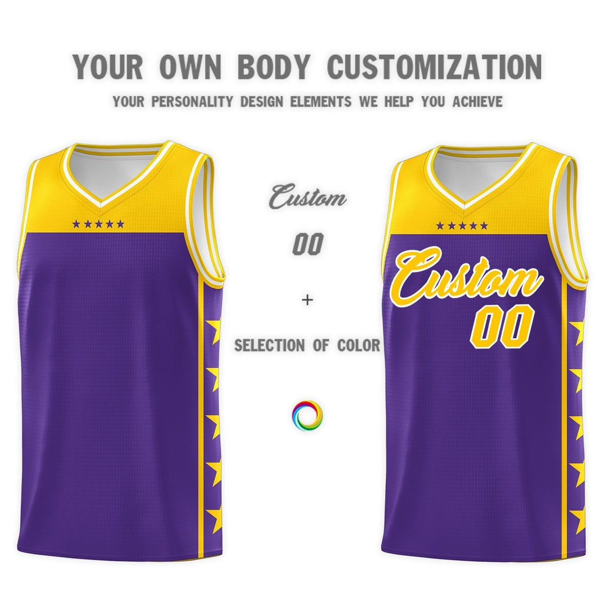 Custom Purple Yellow Personalized Star Pattern Sports Uniform Basketball Jersey Limited
