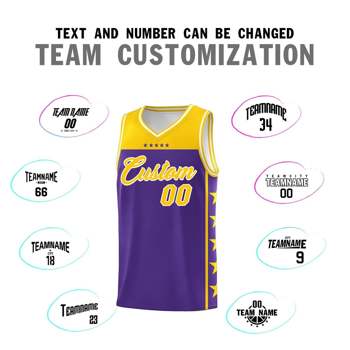 Custom Purple Yellow Personalized Star Pattern Sports Uniform Basketball Jersey Limited
