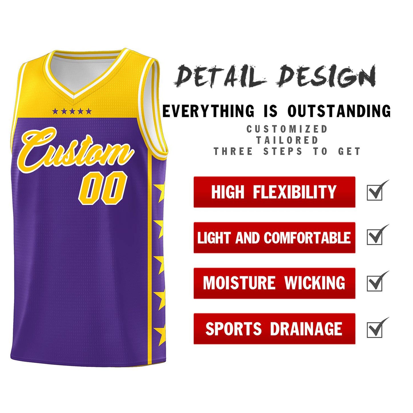 Custom Purple Yellow Personalized Star Pattern Sports Uniform Basketball Jersey Limited