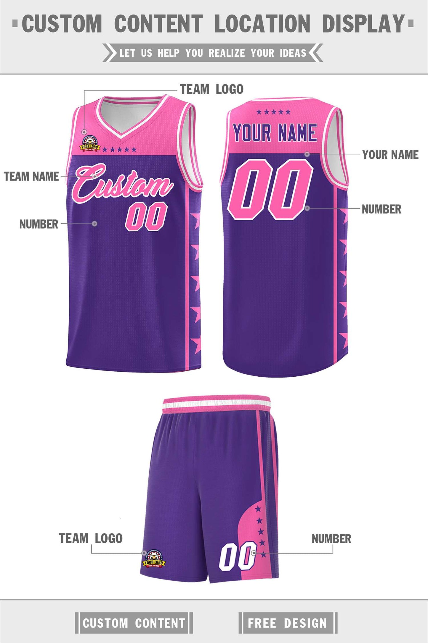 Custom Purple Pink Personalized Star Pattern Sports Uniform Basketball Jersey Limited
