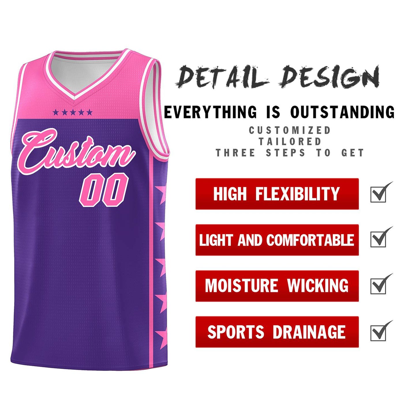 Custom Purple Pink Personalized Star Pattern Sports Uniform Basketball Jersey Limited