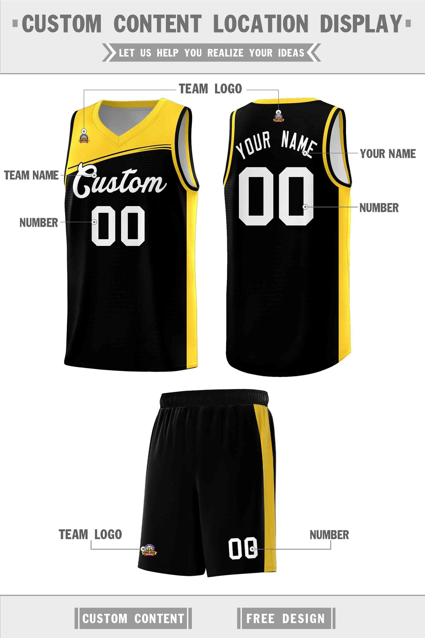 Custom Black Gold-White Color Block Sports Uniform Basketball Jersey Limited