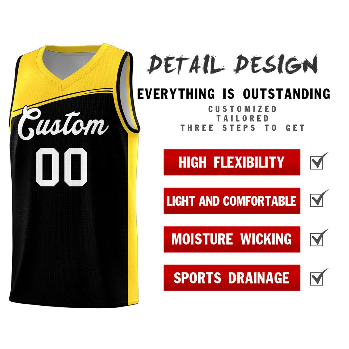 Custom Black Gold-White Color Block Sports Uniform Basketball Jersey Limited