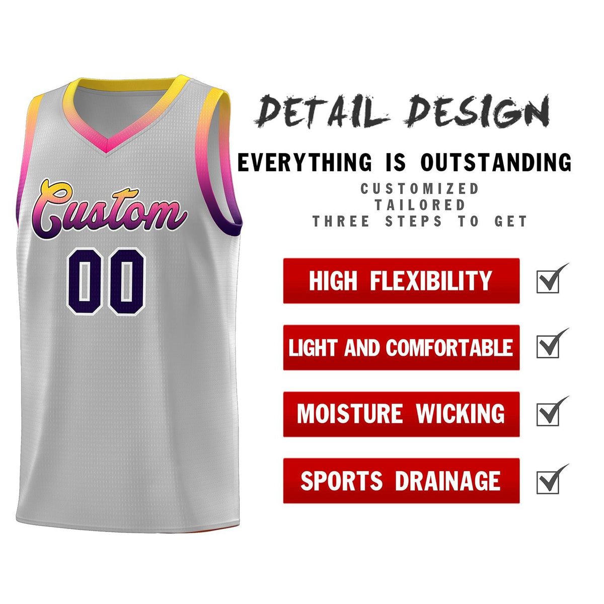 Custom Gray Personalized Gradient Font Sports Uniform Basketball Jersey Limited