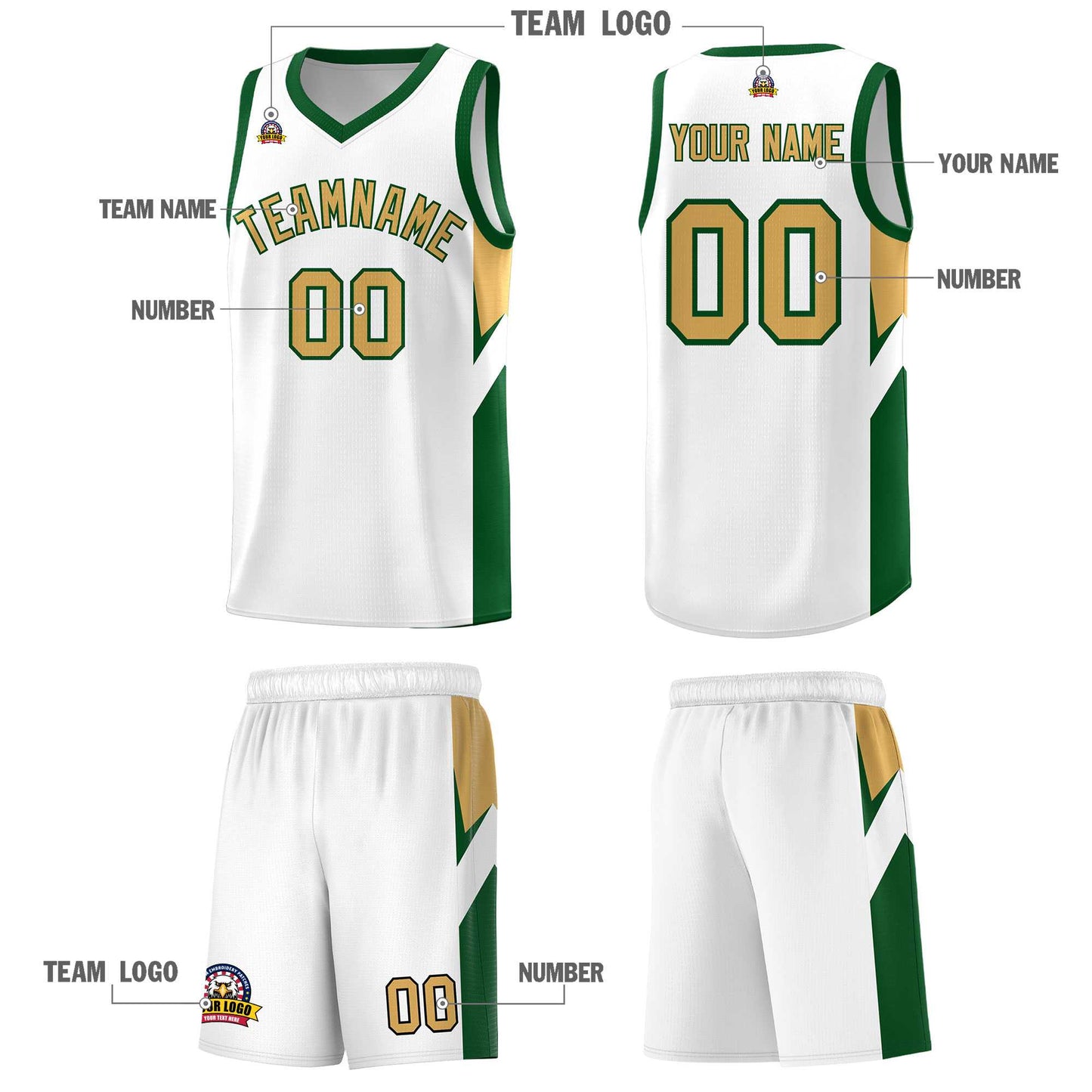 Custom White Green Side Design Sets Sports Uniform Basketball Jersey Limited