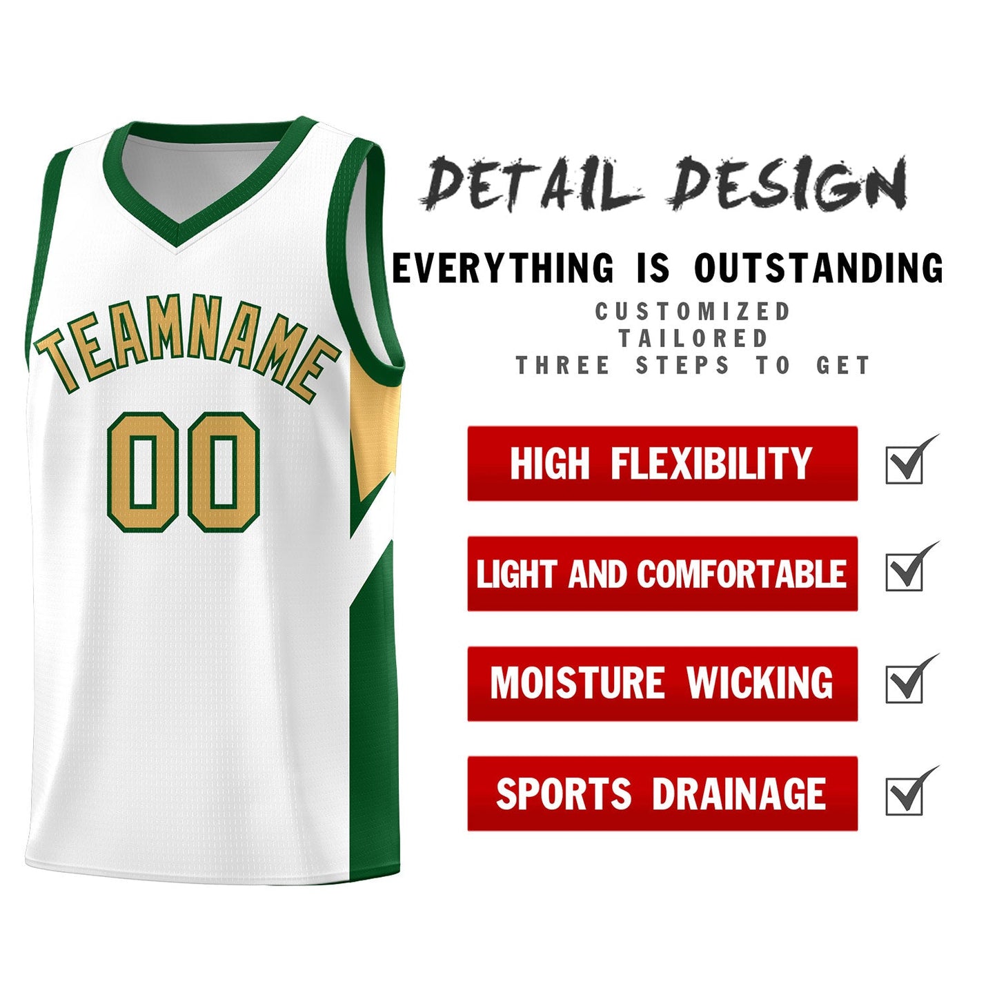 Custom White Green Side Design Sets Sports Uniform Basketball Jersey Limited