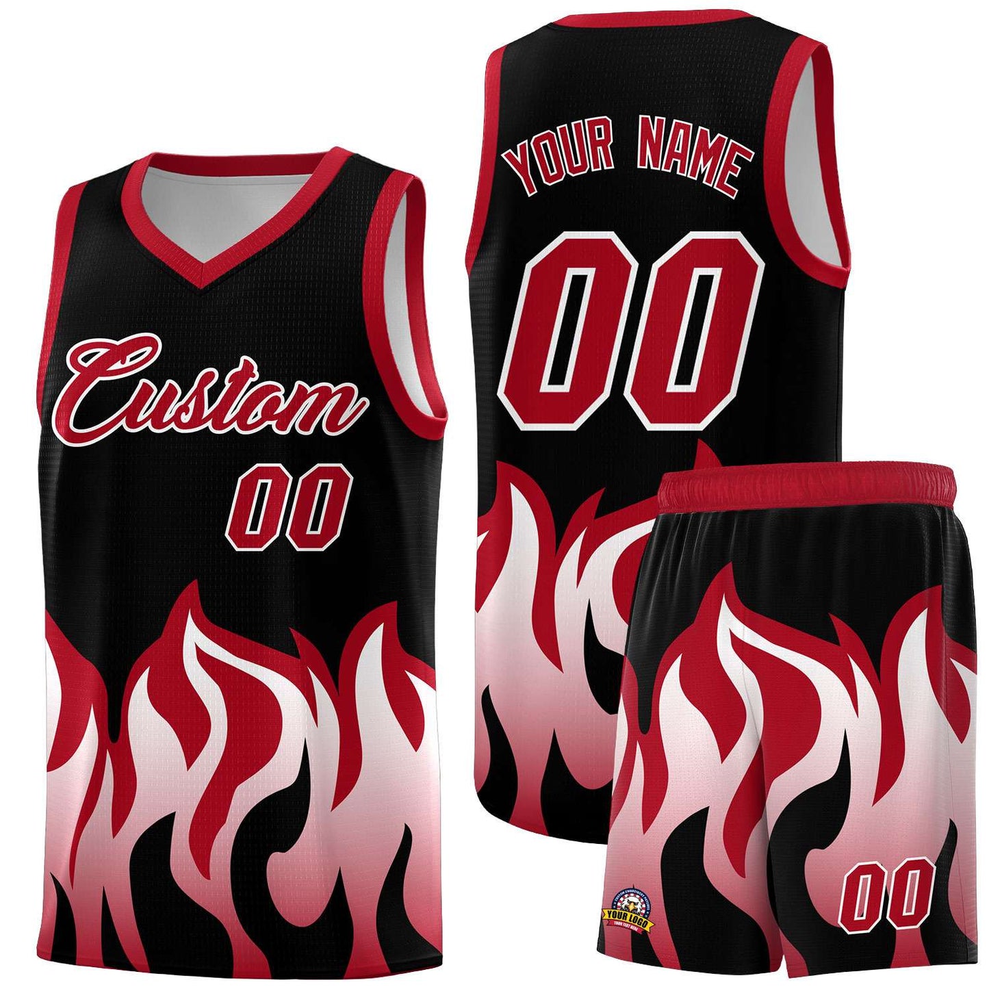 Custom Black Red Hem Flame Pattern Fashion Sports Uniform Basketball jersey