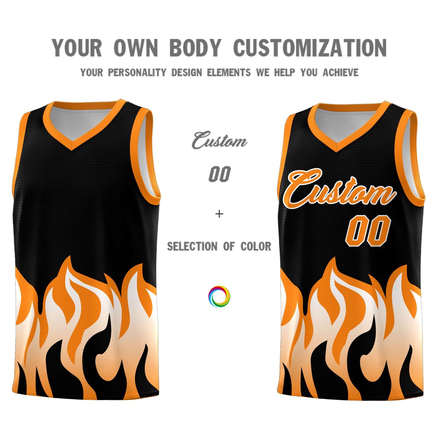 Custom Black Orange Hem Flame Pattern Fashion Sports Uniform Basketball jersey Limited