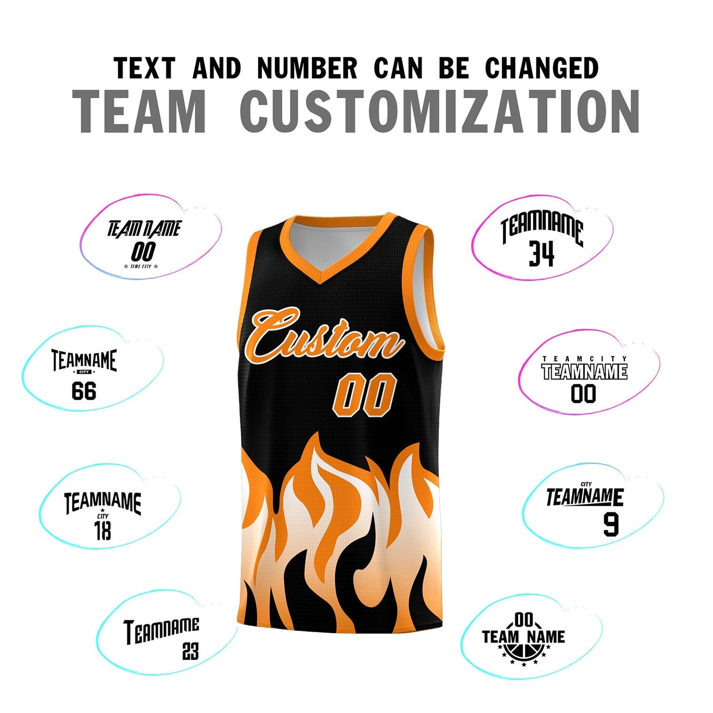 Custom Black Orange Hem Flame Pattern Fashion Sports Uniform Basketball jersey Limited