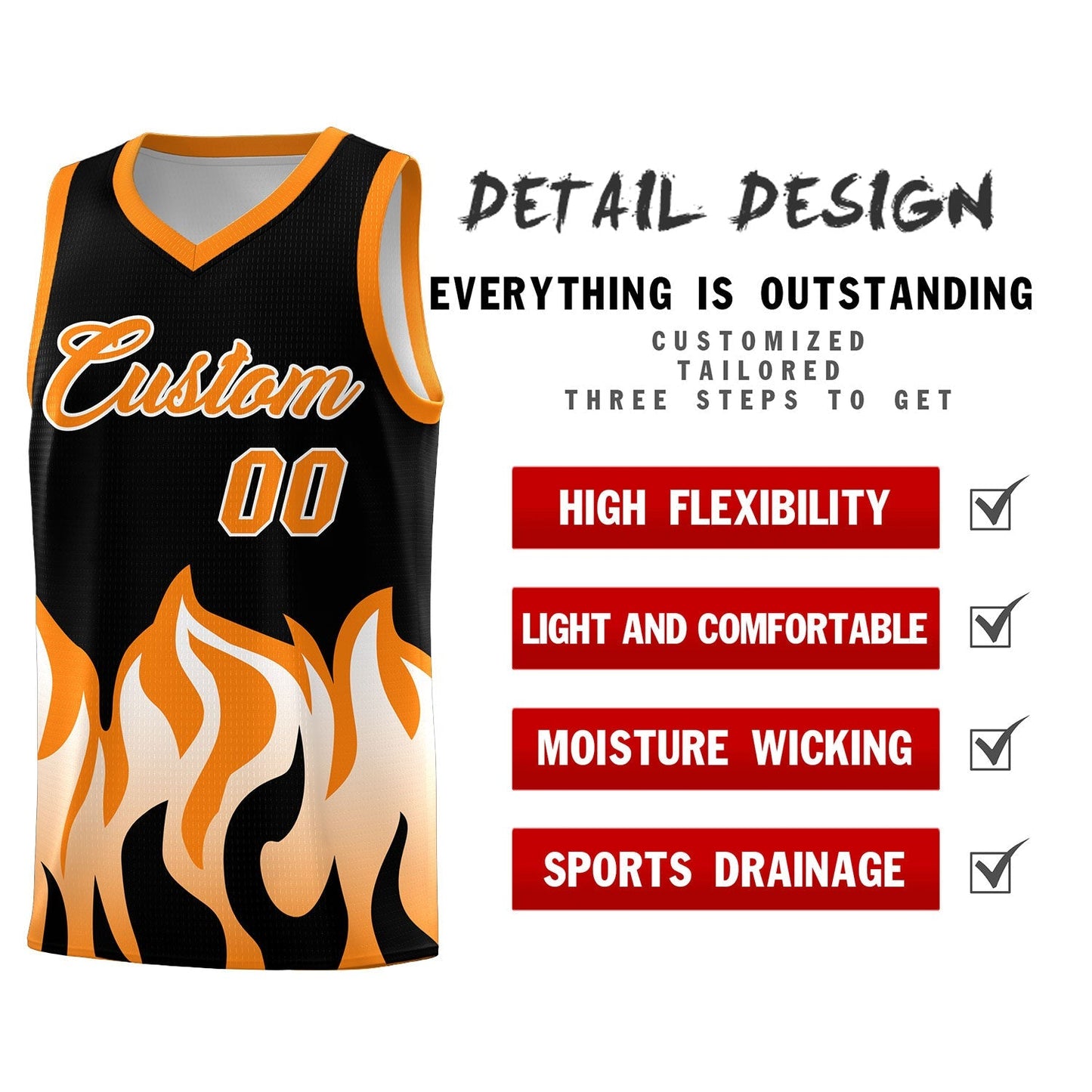 Custom Black Orange Hem Flame Pattern Fashion Sports Uniform Basketball jersey Limited