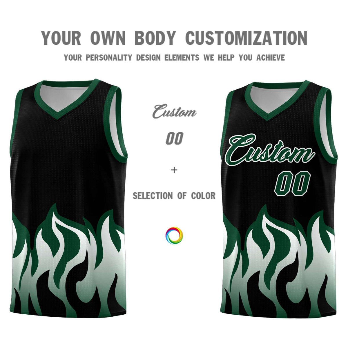 Custom Black Hunter Green Hem Flame Pattern Fashion Sports Uniform Basketball jersey Limited