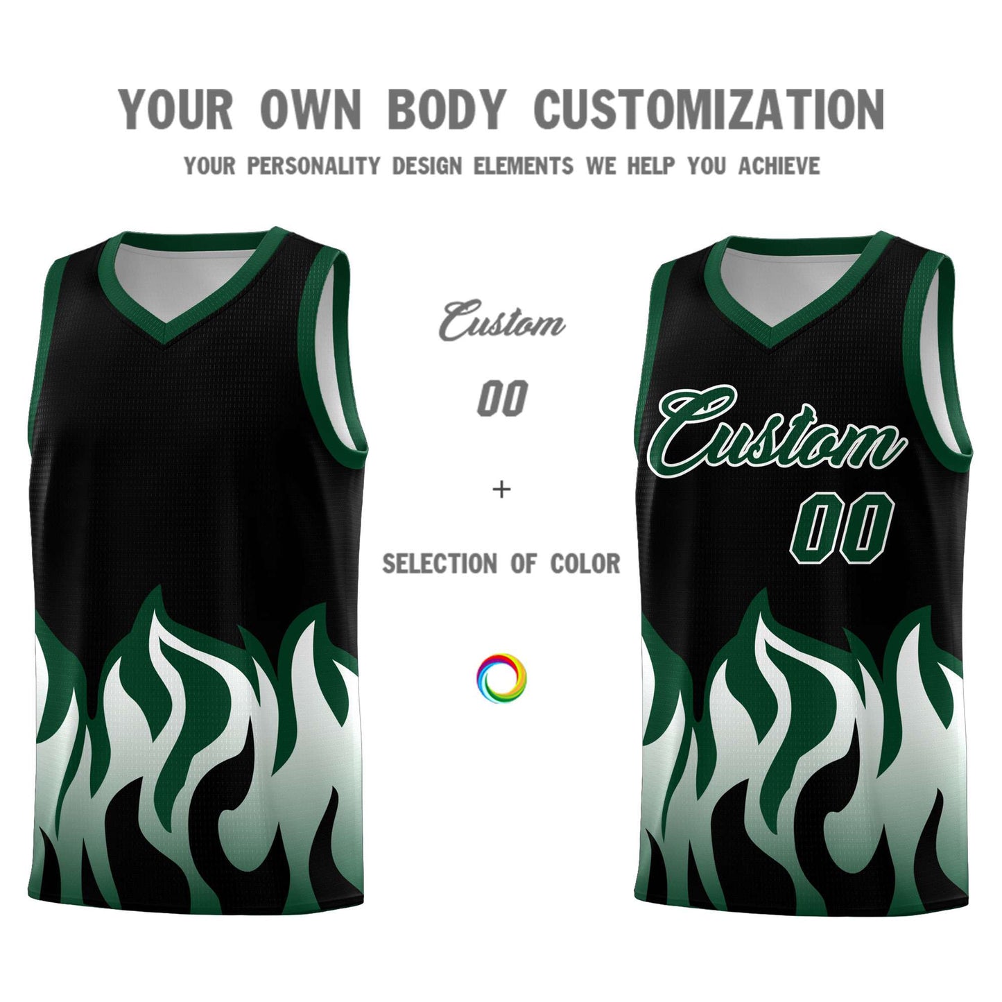 Custom Black Hunter Green Hem Flame Pattern Fashion Sports Uniform Basketball jersey Limited