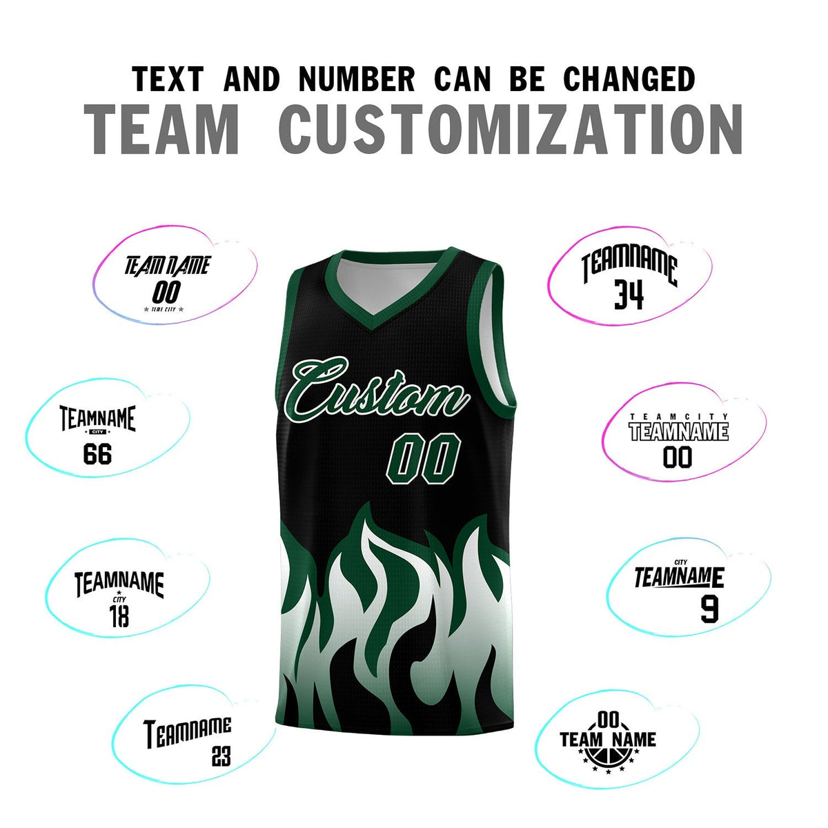 Custom Black Hunter Green Hem Flame Pattern Fashion Sports Uniform Basketball jersey Limited