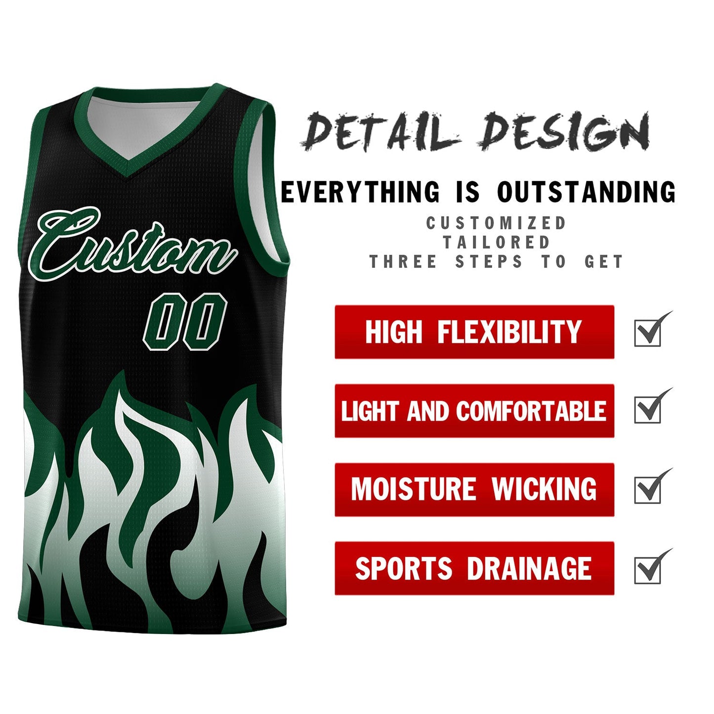 Custom Black Hunter Green Hem Flame Pattern Fashion Sports Uniform Basketball jersey Limited