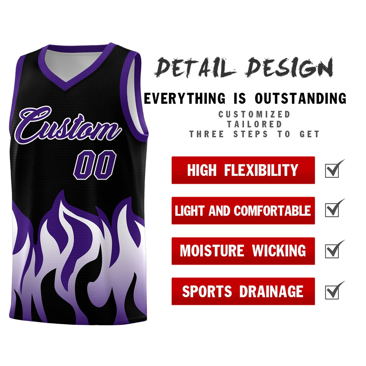 Custom Black Purple Hem Flame Pattern Fashion Sports Uniform Basketball jersey Limited