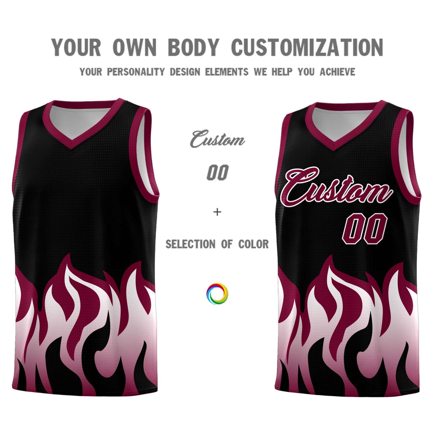 Custom Black Crimson Hem Flame Pattern Fashion Sports Uniform Basketball jersey Limited