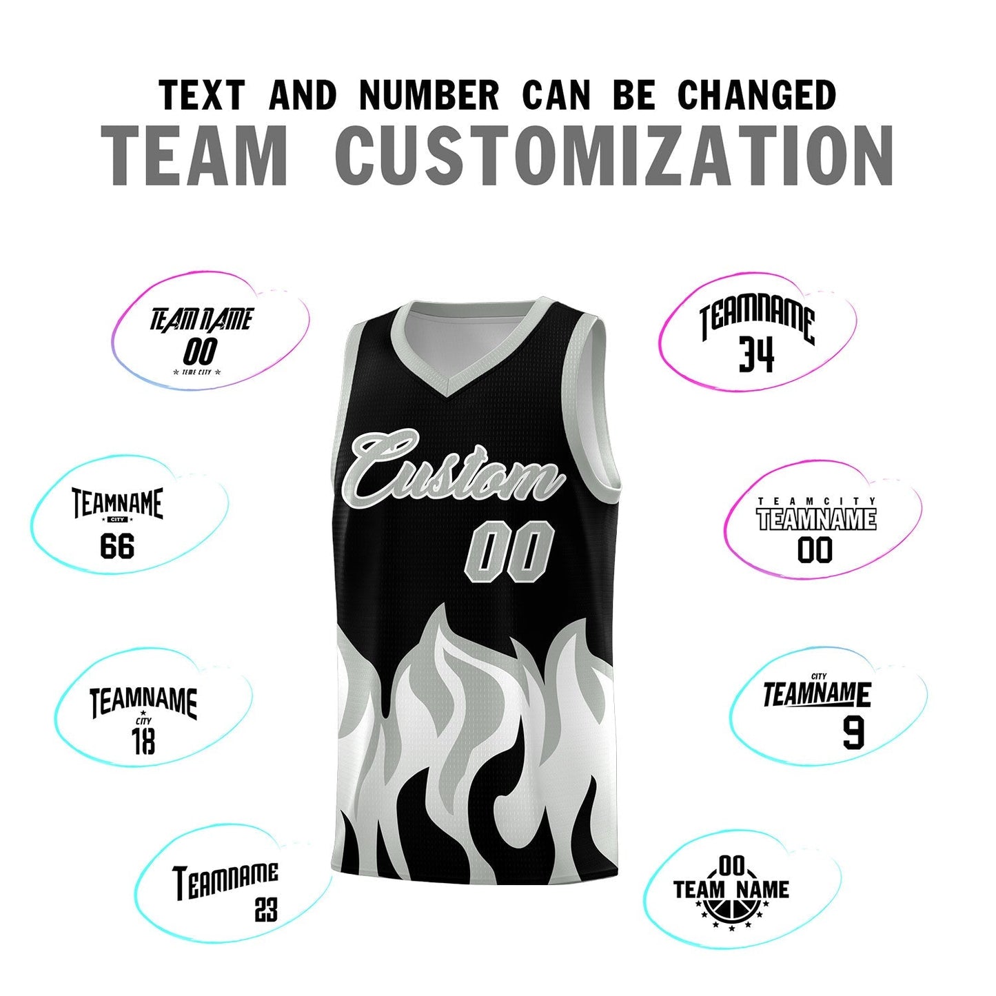 Custom Black Gray Hem Flame Pattern Fashion Sports Uniform Basketball jersey Limited