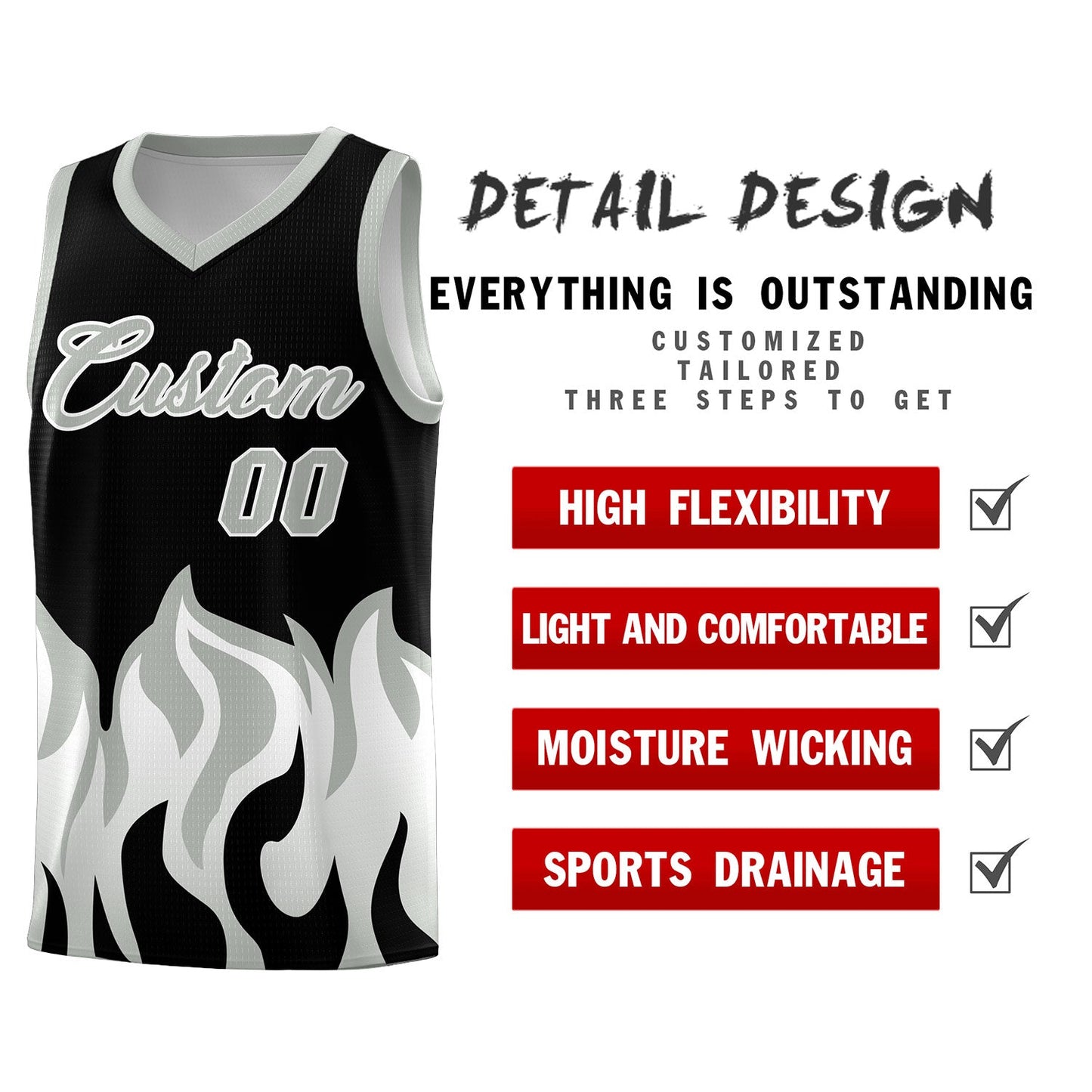 Custom Black Gray Hem Flame Pattern Fashion Sports Uniform Basketball jersey Limited
