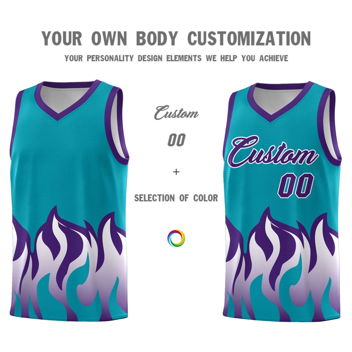 Custom Aqua Purple Hem Flame Pattern Fashion Sports Uniform Basketball jersey Limited