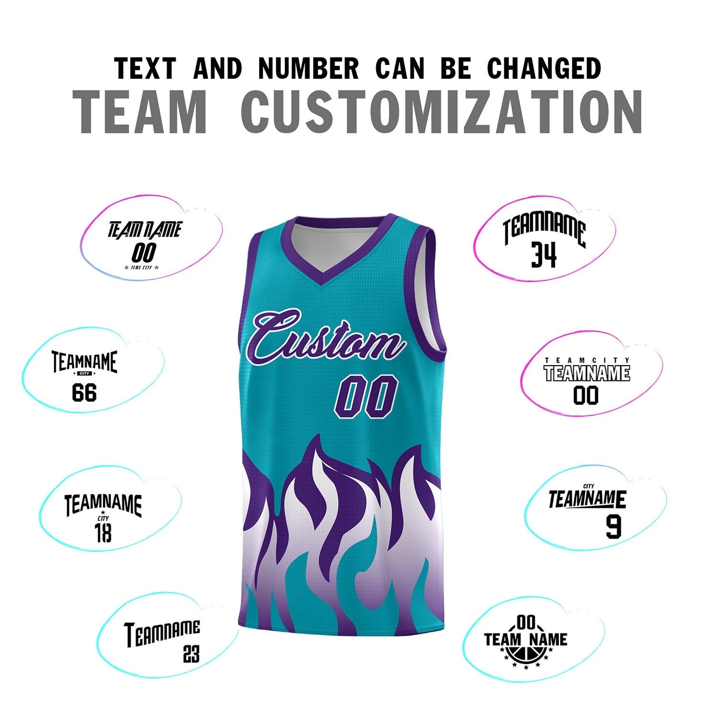 Custom Aqua Purple Hem Flame Pattern Fashion Sports Uniform Basketball jersey Limited