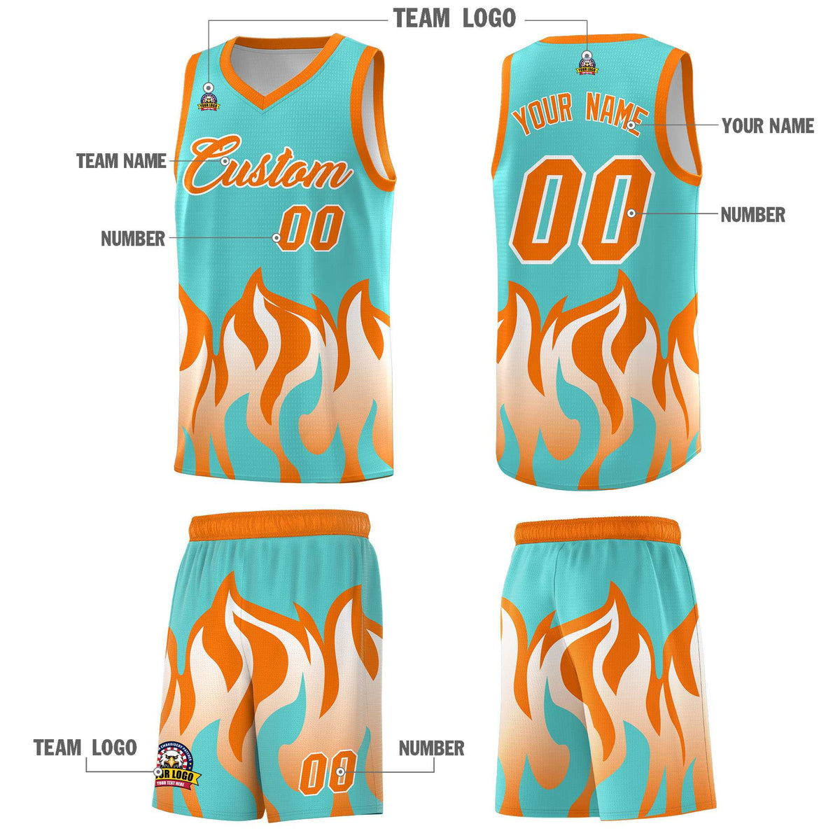 Custom Bright Green Orange Hem Flame Pattern Fashion Sports Uniform Basketball jersey Limited