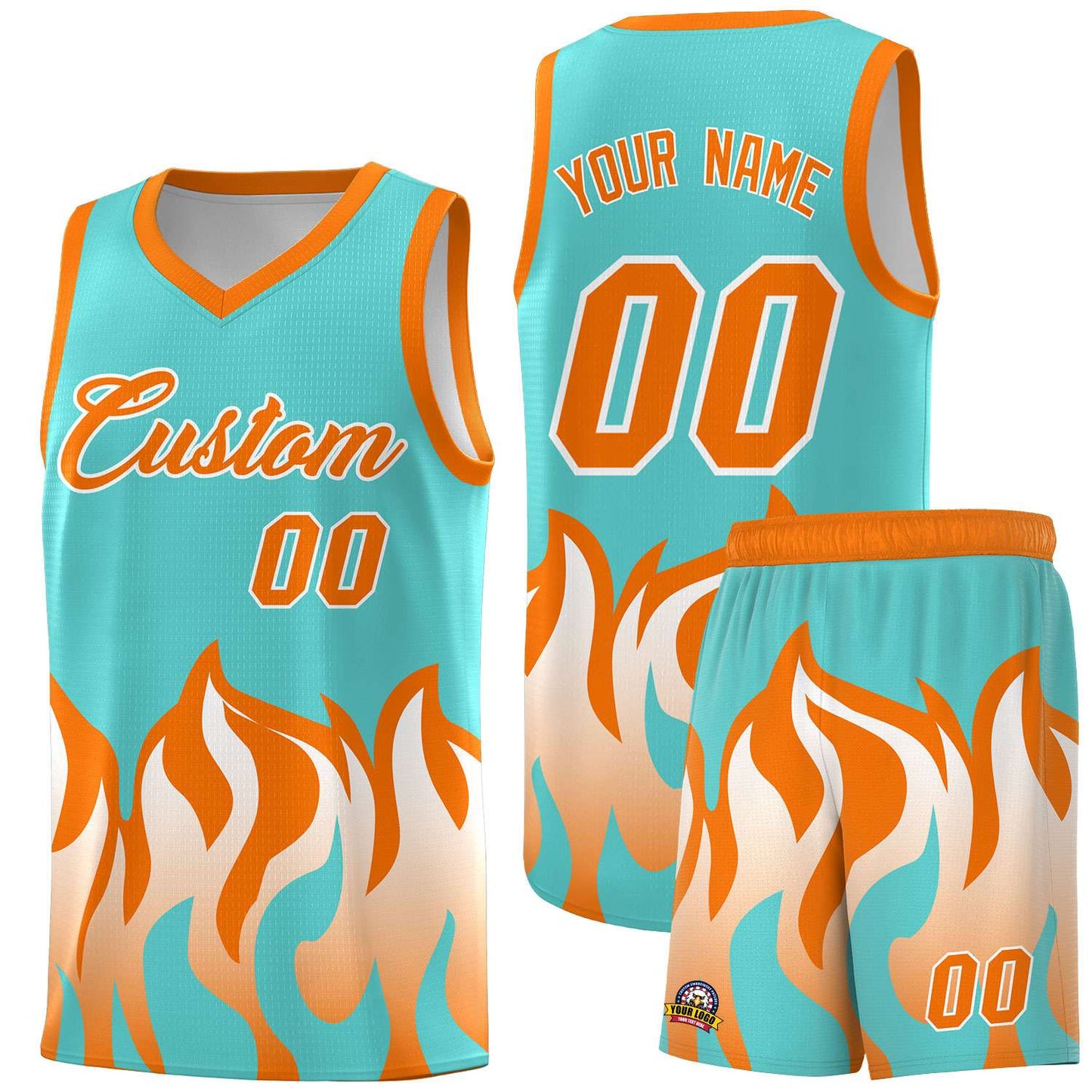 Custom Bright Green Orange Hem Flame Pattern Fashion Sports Uniform Basketball jersey