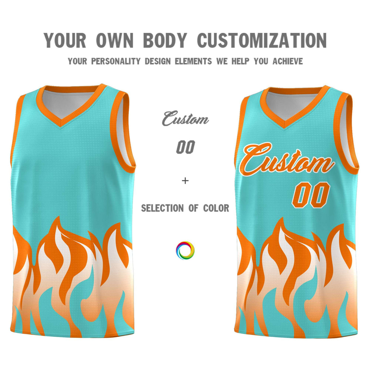 Custom Bright Green Orange Hem Flame Pattern Fashion Sports Uniform Basketball jersey Limited