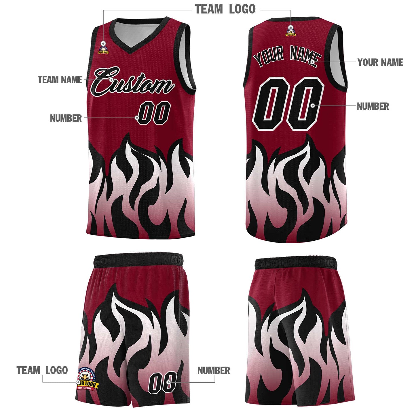 Custom Crimson Black Hem Flame Pattern Fashion Sports Uniform Basketball jersey Limited