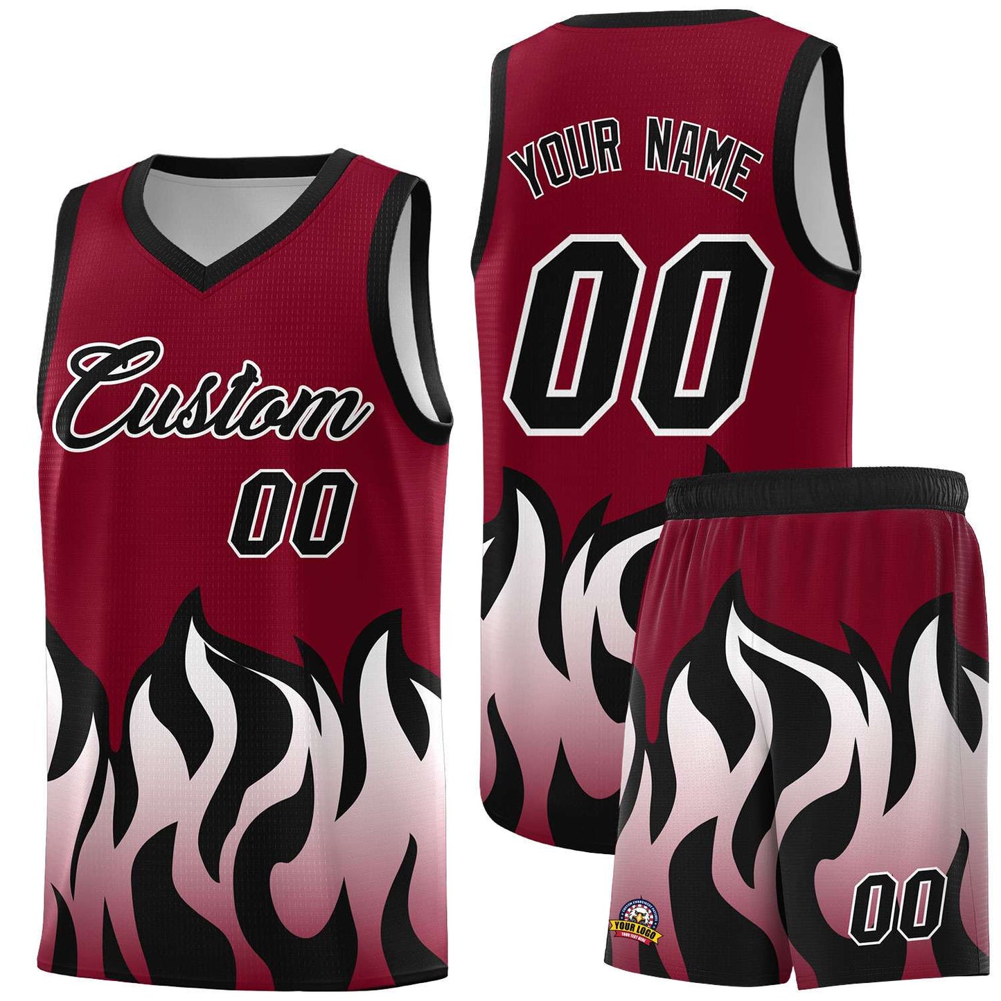 Custom Crimson Black Hem Flame Pattern Fashion Sports Uniform Basketball jersey