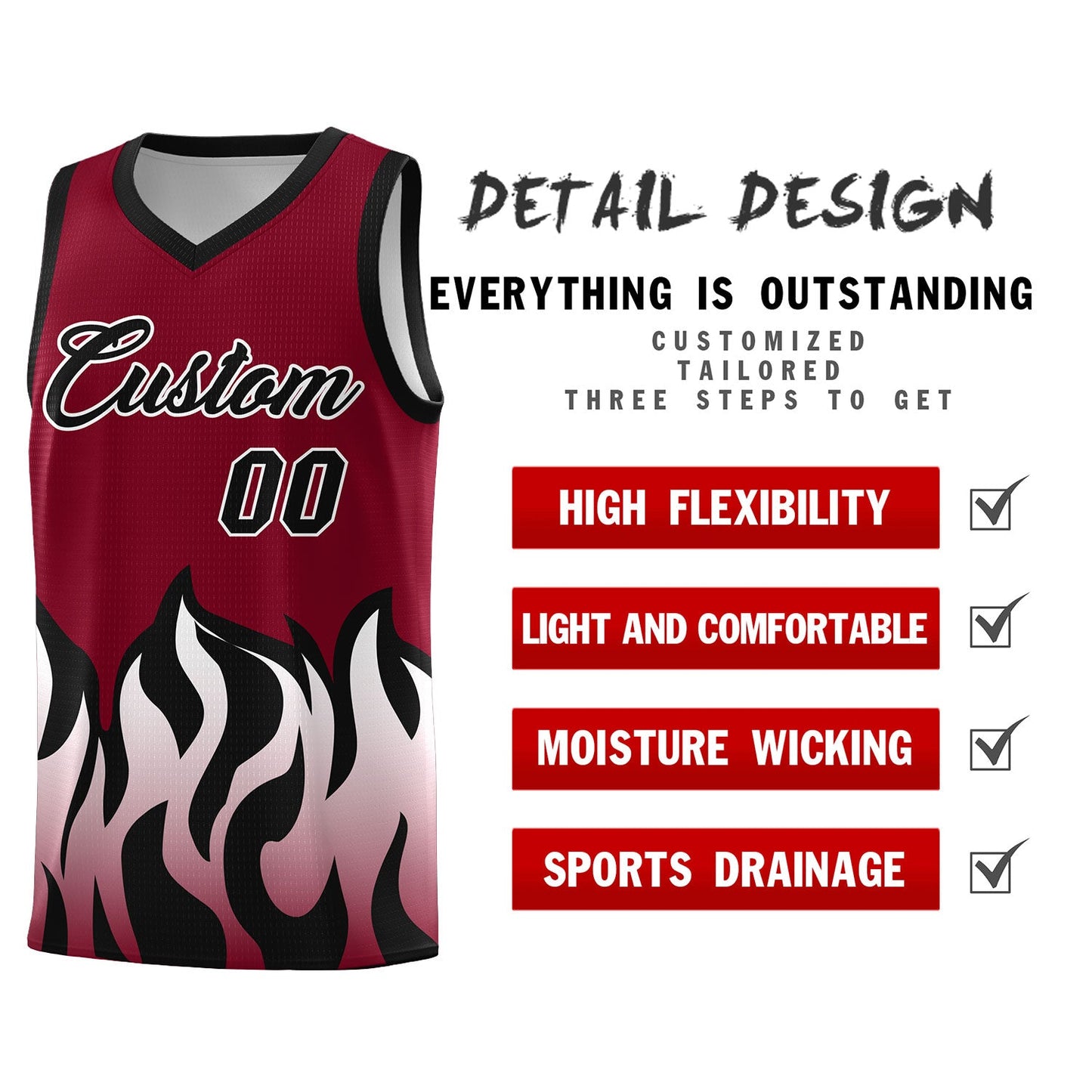 Custom Crimson Black Hem Flame Pattern Fashion Sports Uniform Basketball jersey Limited