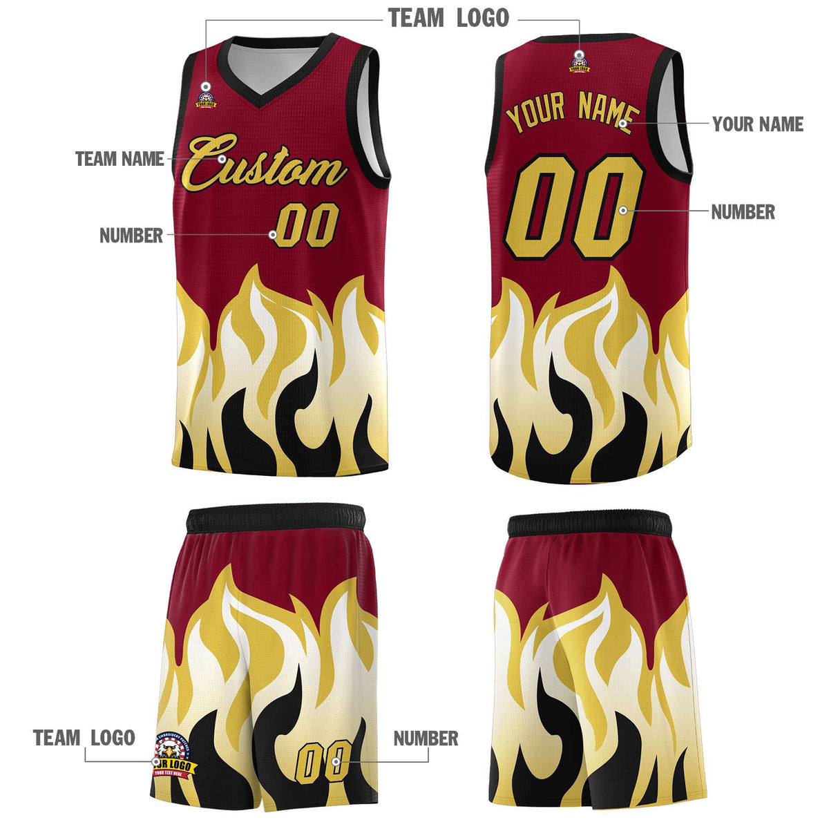 Custom Crimson Old Gold Hem Flame Pattern Fashion Sports Uniform Basketball jersey Limited