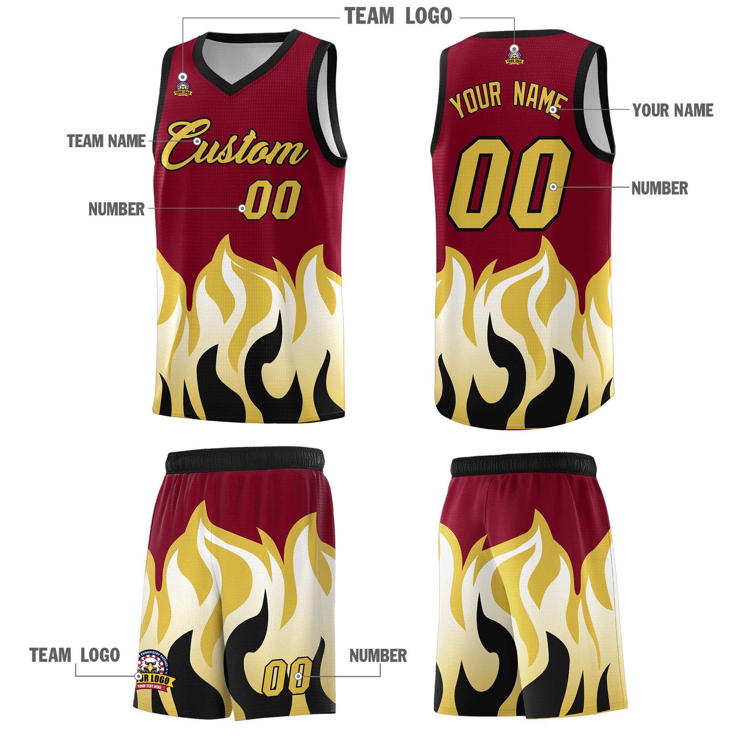 Custom Crimson Old Gold Hem Flame Pattern Fashion Sports Uniform Basketball jersey Limited