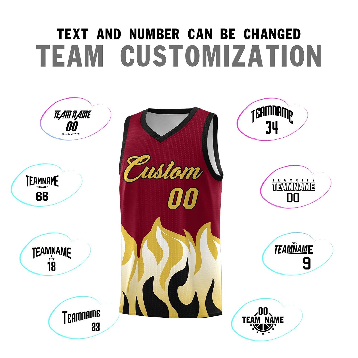 Custom Crimson Old Gold Hem Flame Pattern Fashion Sports Uniform Basketball jersey Limited