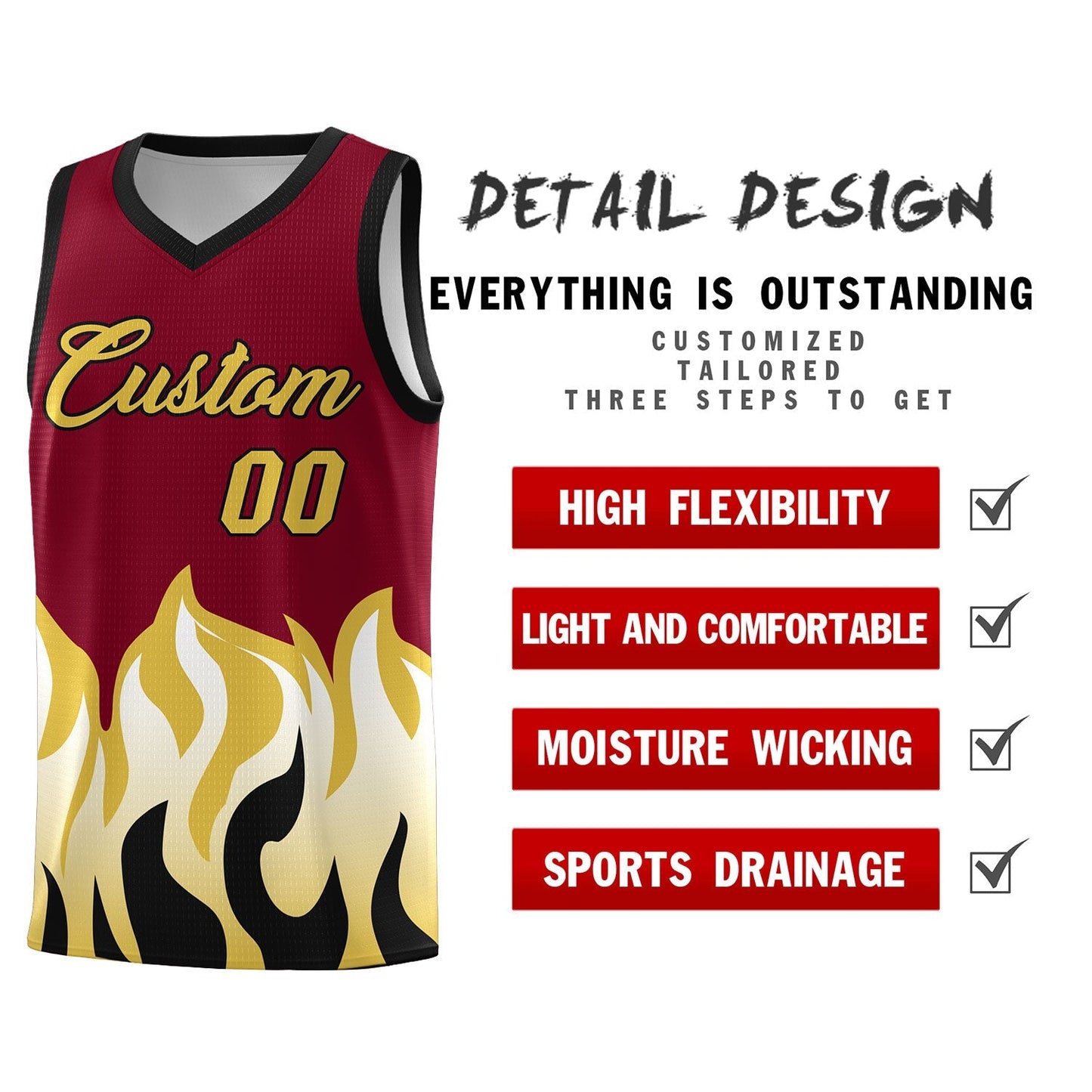 Custom Crimson Old Gold Hem Flame Pattern Fashion Sports Uniform Basketball jersey Limited