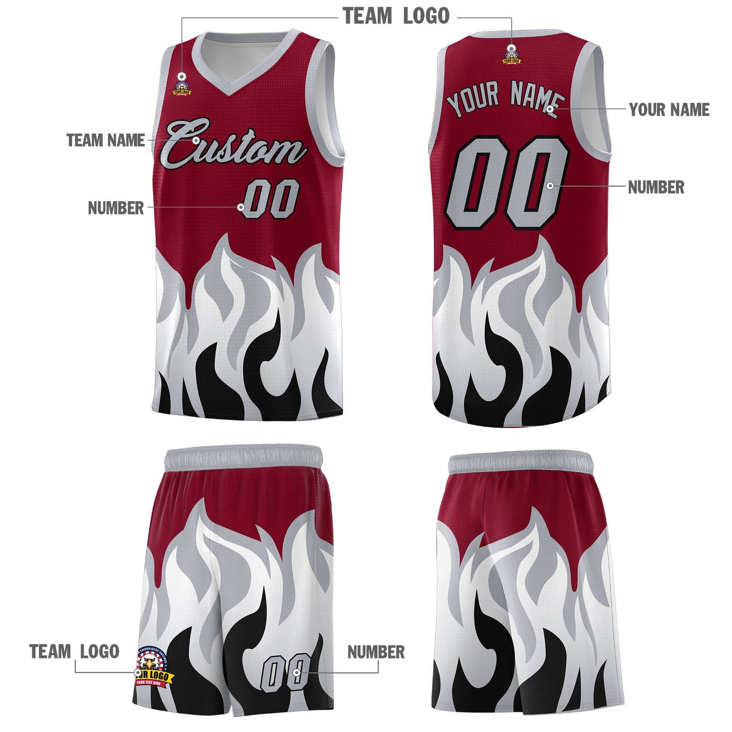 Custom Crimson Gray Hem Flame Pattern Fashion Sports Uniform Basketball jersey Limited