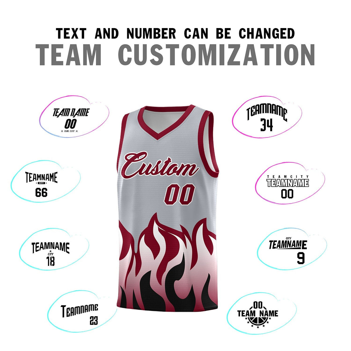 Custom Gray Crimson Hem Flame Pattern Fashion Sports Uniform Basketball jersey Limited