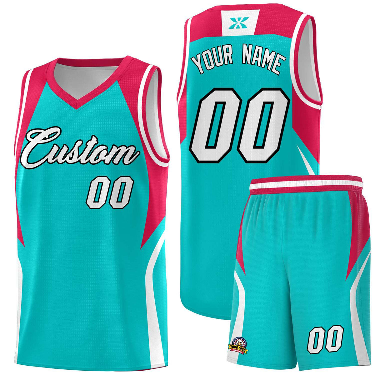 Custom Aqua Red and White Color Block Sports Uniform Basketball Jersey